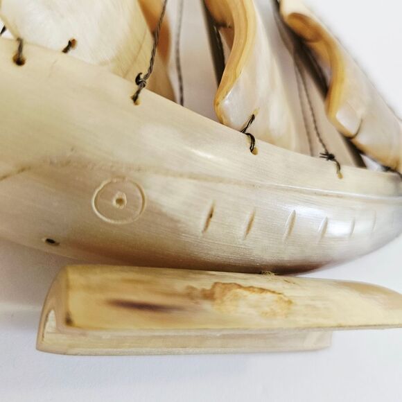 Vintage Hand Carved Ox Horn Wire Nautical Triple Mast Sailing Ship Schooner Boat - Picture 8 of 11